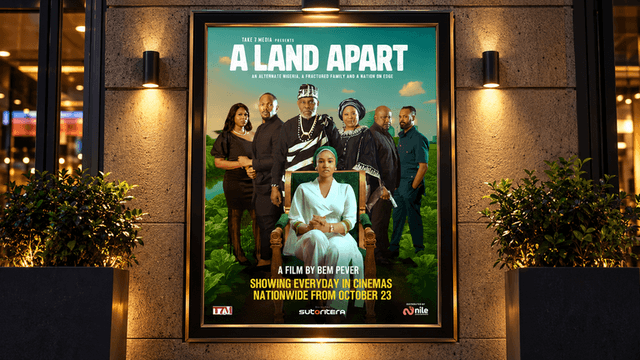 Movie poster for "A Land Apart" featuring cast members in a vibrant outdoor setting