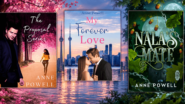 Three book covers by Anne Powell featuring romantic themes and vibrant backgrounds