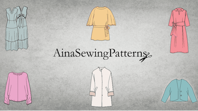 Illustration of various sewing patterns for dresses and outerwear with a logo in the center