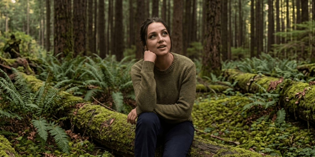 Person sitting on a moss-covered log in a forest, surrounded by ferns and tall evergreen trees.