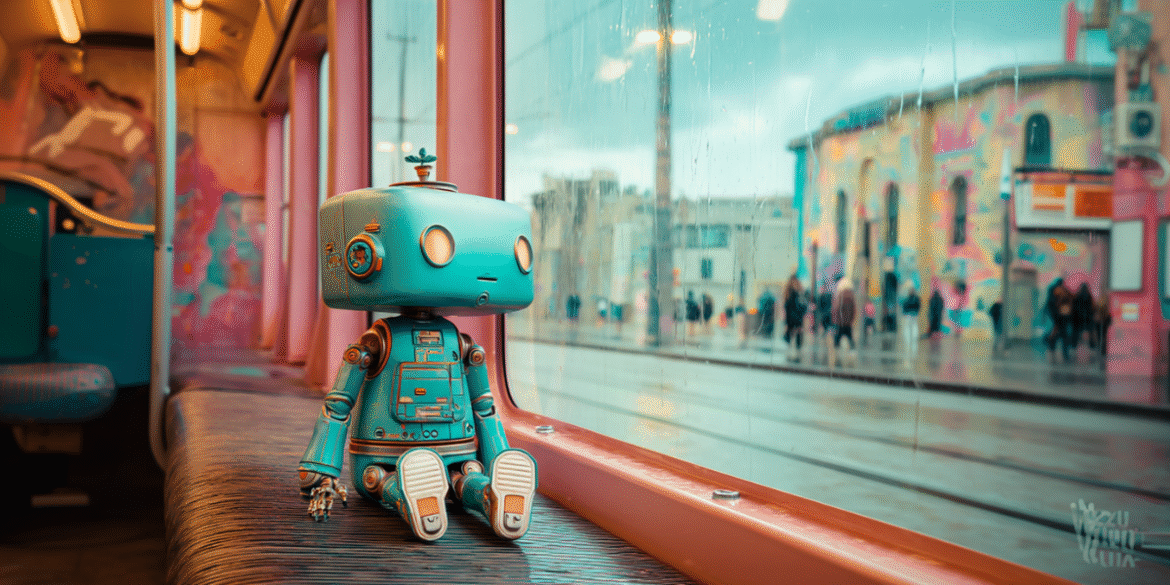 A vintage-style robot toy sitting on a seat inside a colorful tram, gazing out the window as rain droplets collect on the glass, with a vibrant street art mural visible in the background.