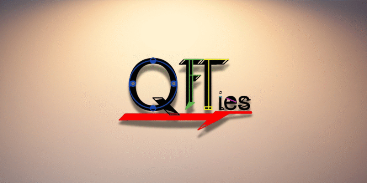Logo displaying the word 'QFTies' in stylized, multicolored letters with a red underline shaped like a speech bubble, on a warm gradient background.