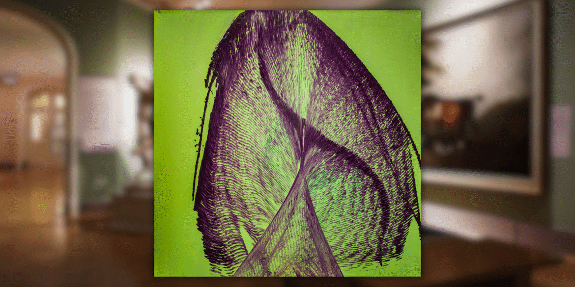 Abstract thread painting with purple strokes on green background, showcasing Ritu Raj’s Organic Movement Series blending structure and spontaneity.