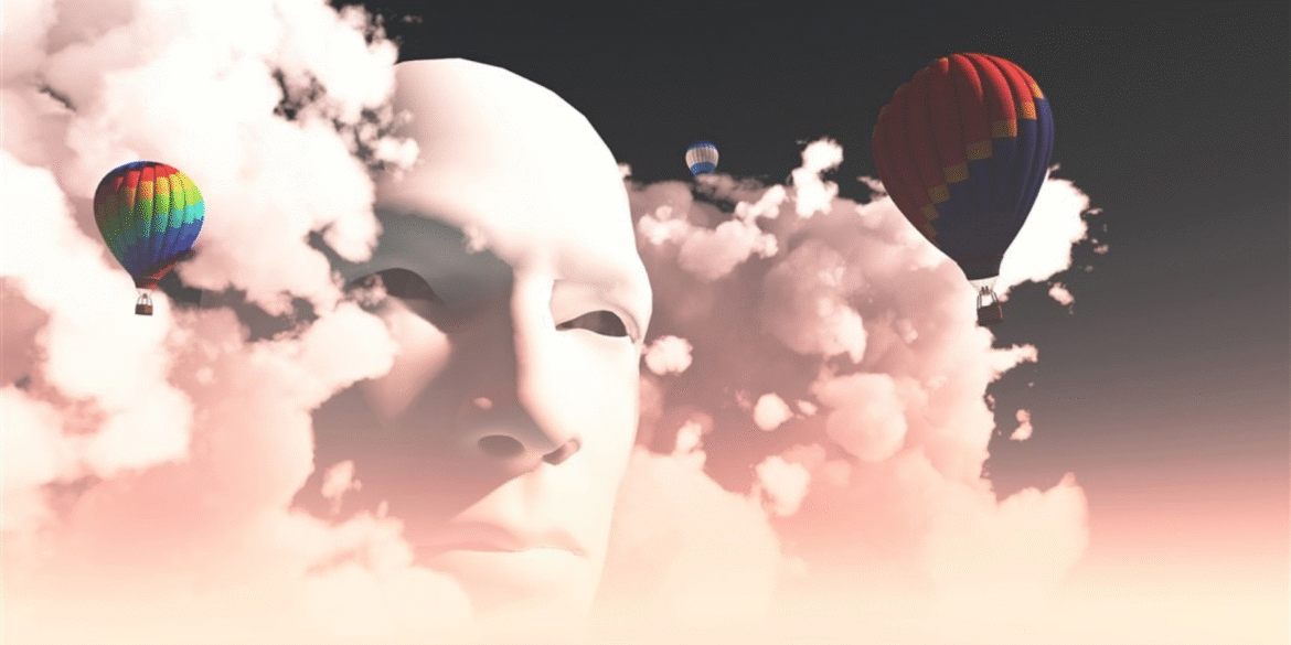 A digital representation of meditation and introspection, featuring hot air balloons in a serene sky.