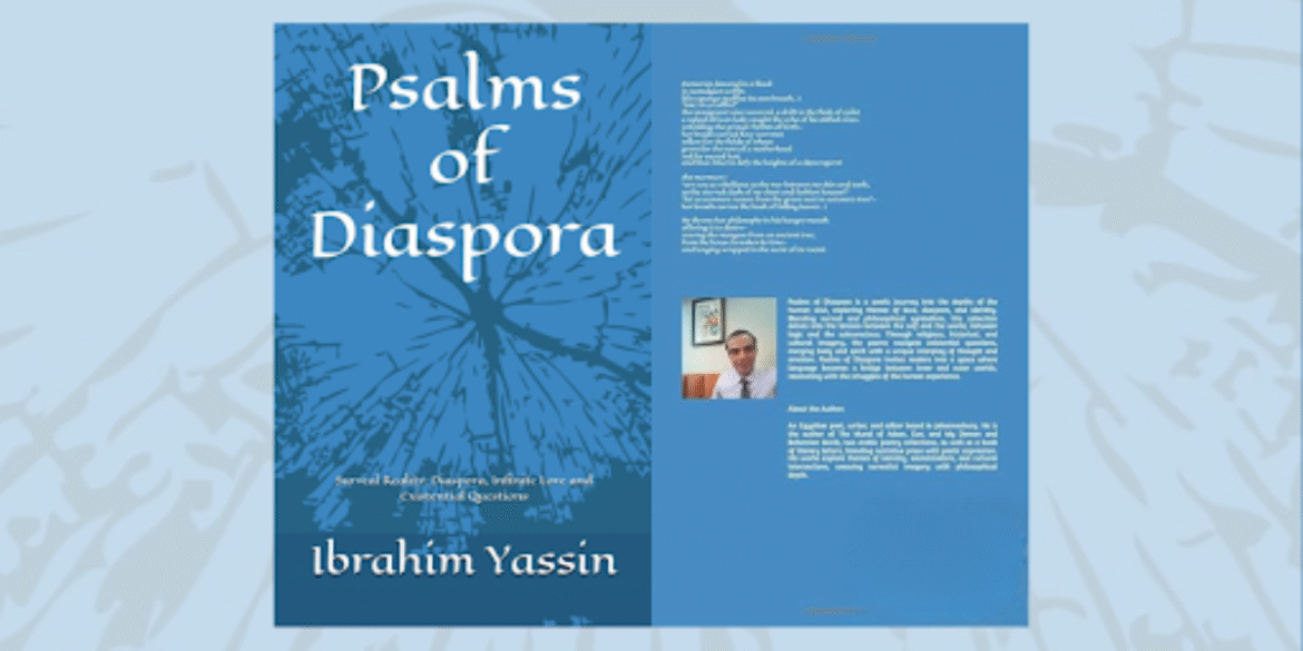 Cover of 'Psalms of Diaspora' by Ibrahim Yassin, featuring a blue design and author photo.