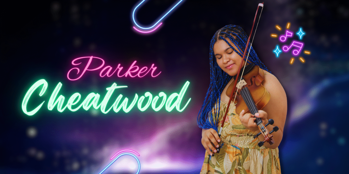 "Parker Cheatwood, a multitalented young performer, playing the violin, with vibrant blue braids, showcasing her artistic talent."