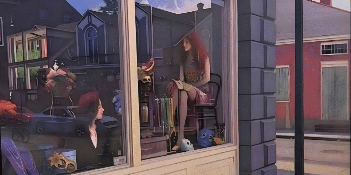 Windows New Orleans 2025 by Brian Cobble: A reflective window display showcasing unique art in New Orleans, featuring vibrant and emotional works.