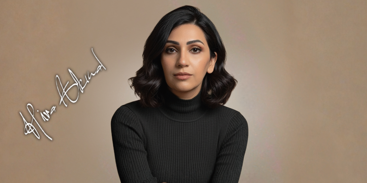Portrait of a woman in a black turtleneck against a beige background with her signature beside her.