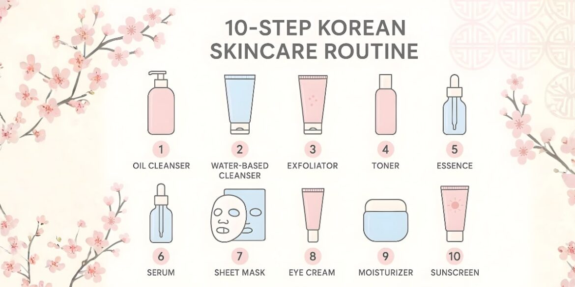 Illustration of a 10-step Korean skincare routine, featuring products such as oil cleanser, water-based cleanser, exfoliator, toner, essence, serum, sheet mask, eye cream, moisturizer, and sunscreen.