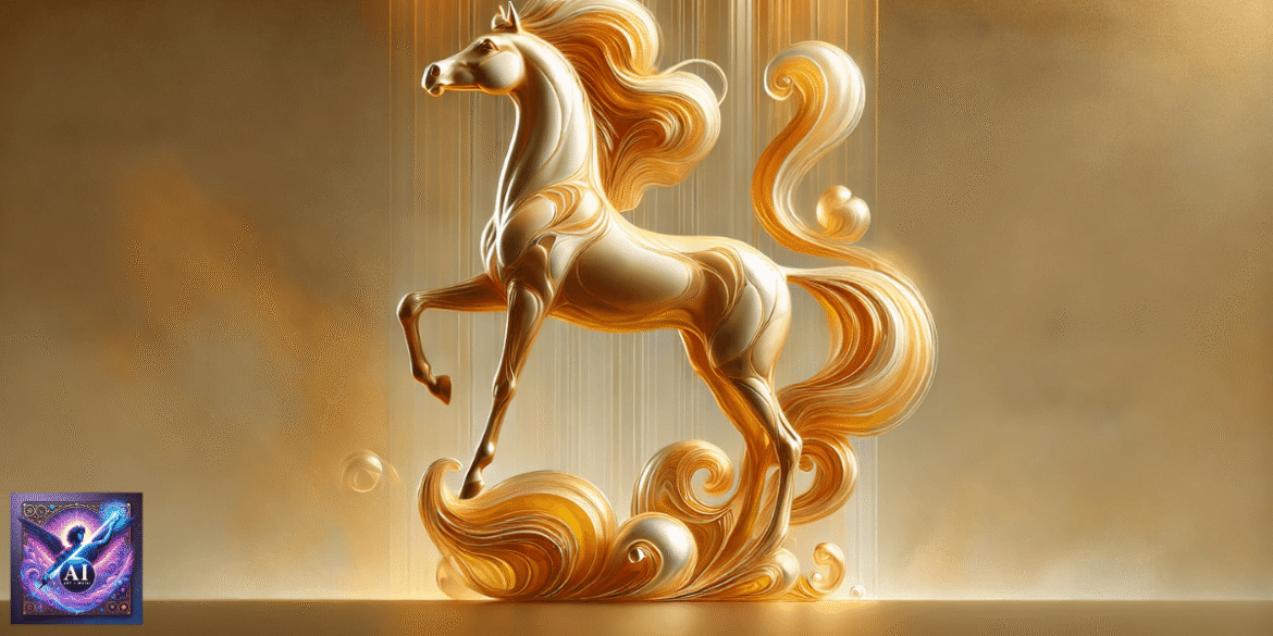 A digital artwork of a golden horse, symbolizing Hernán Simó’s fusion of spirituality and technology in art.