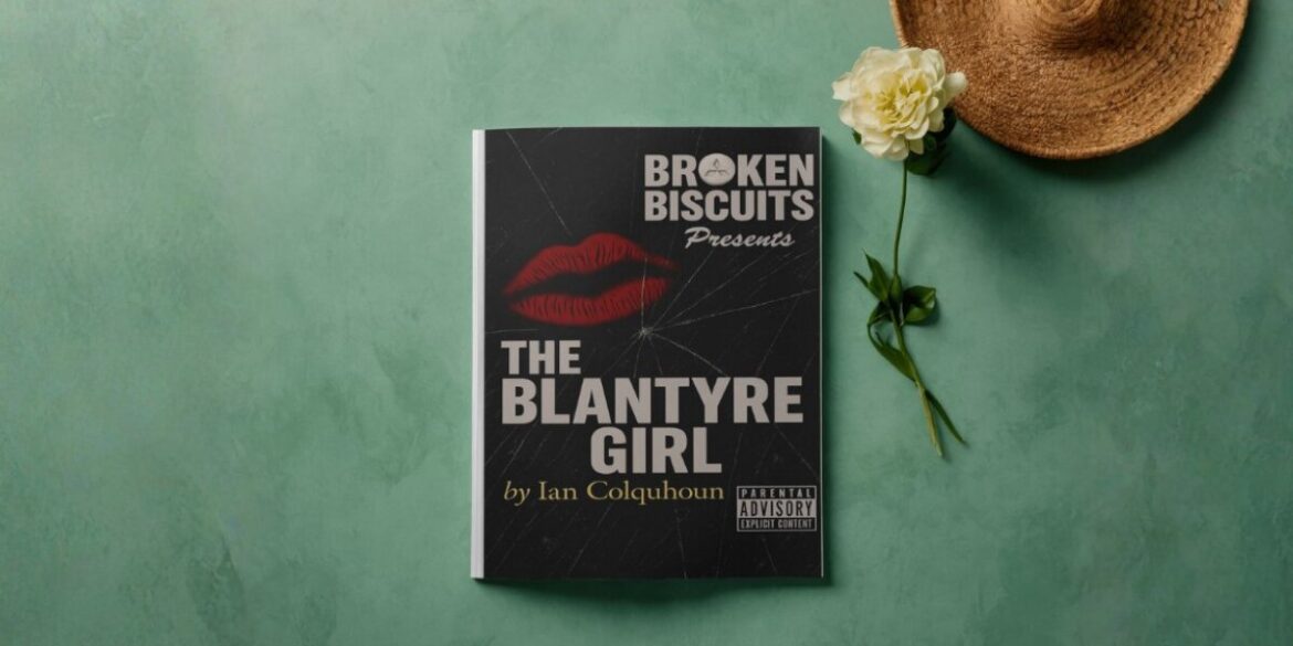 the book cover of The Blantyre Girl by Ian Colquhoun, showcasing a dark design with a lipstick print.