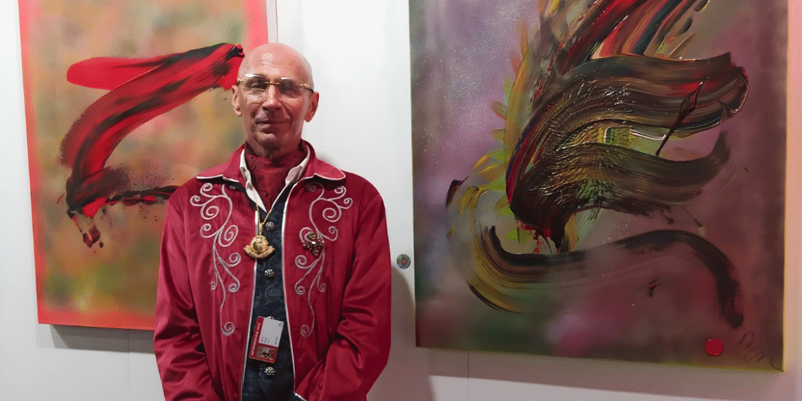 Marc Noël Avatar painting in immersive gallery, blending emotion, sensory experience, and technology to create transformative, interactive art worldwide.