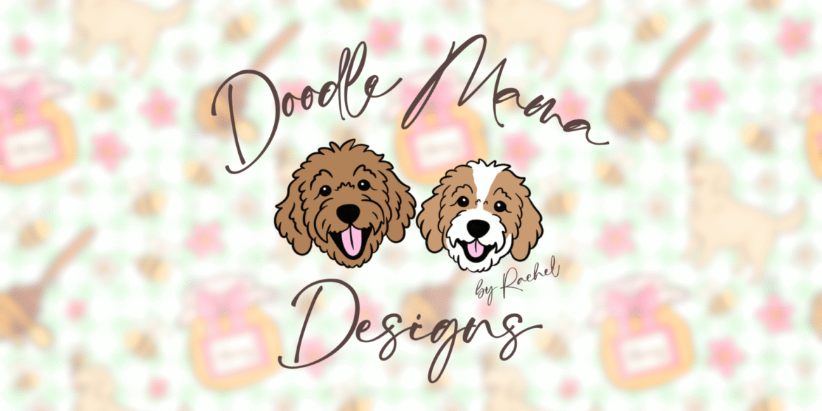 Doodle Mama Designs logo with two doodle dog illustrations and a soft, pastel background.