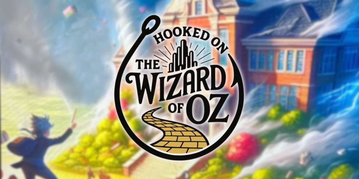 Logo for "Hooked on the Wizard of Oz" featuring an iconic yellow brick road leading to an emerald skyline. A whimsical, magical atmosphere surrounds.