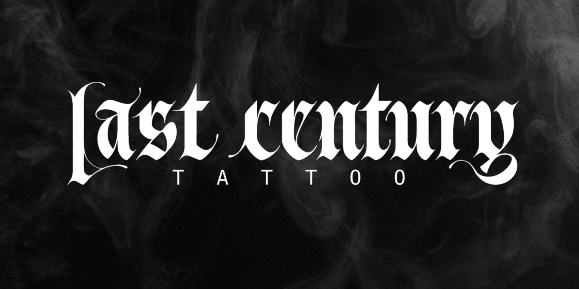“Last Century Tattoo logo in gothic font with smoky black background.”