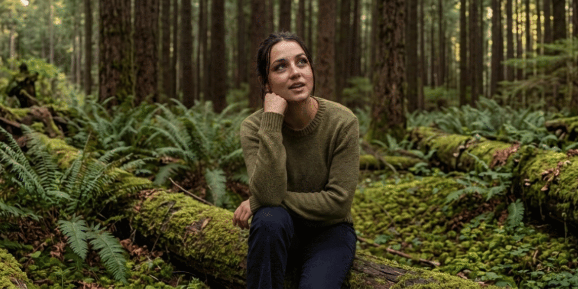 Person sitting on a moss-covered log in a forest, surrounded by ferns and tall evergreen trees.